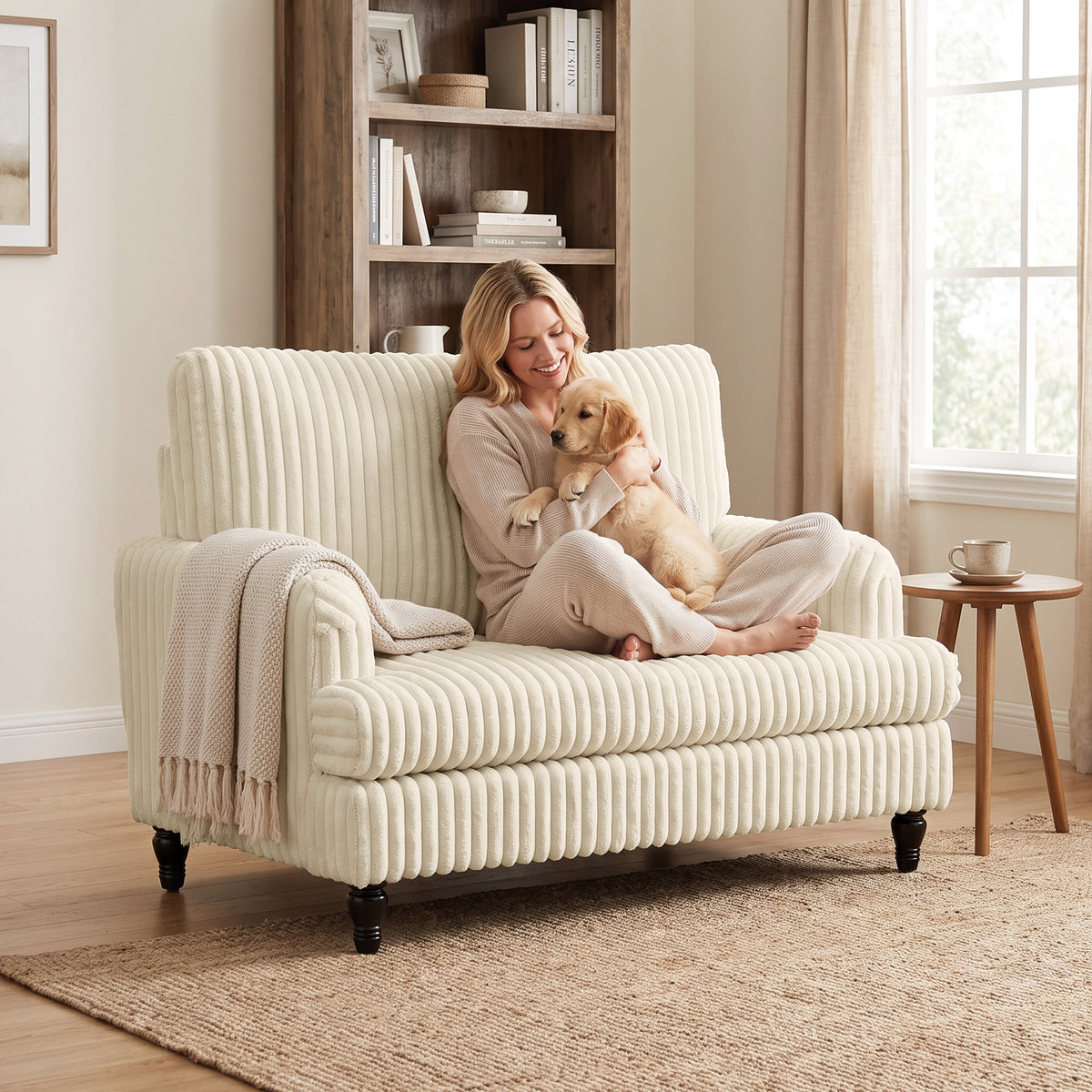 Corduroy Accent Armchair | Stripe Design | Turned Rubberwood Legs | 12cm Seat Cushion | 24cm Back Cushion | Adjustable Non-Slip Feet | 120kg | 115x82x82cm | Cream / Black