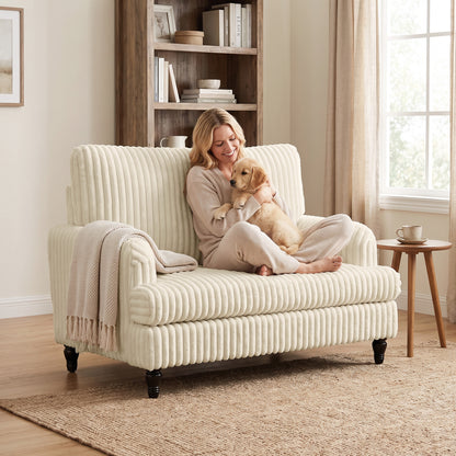 Corduroy Accent Armchair | Stripe Design | Turned Rubberwood Legs | 12cm Seat Cushion | 24cm Back Cushion | Adjustable Non-Slip Feet | 120kg | 115x82x82cm | Cream / Black