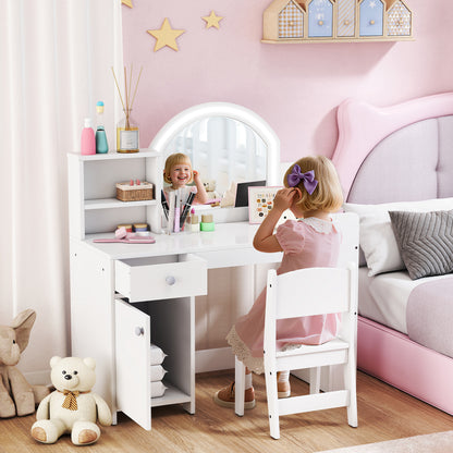 AIYAPLAY Kids Vanity Table and Chair Set, Girls Dressing Table with 2-Colour LED Mirror, Stool, Cabinet, Drawer, Shelves, White