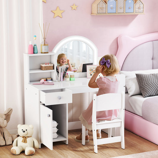AIYAPLAY Kids Vanity Table and Chair Set, Girls Dressing Table with 2-Colour LED Mirror, Stool, Cabinet, Drawer, Shelves, White