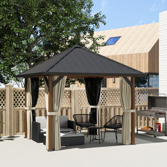 3 x 3(m) Hardtop Garden Gazebo W/ Galvanised Steel Roof & Water Gutter, Waterproof Permanent Pavilion for Patio, Deck, Walnut Wood Finish
