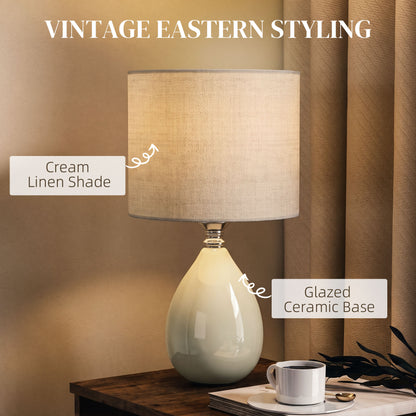 Vintage Eastern Ceramic Table Lamp | Cream Linen Shade | Glazed Base | E27 40W | Energy Class C | Rocker Switch | 1.5m Cable | 22x22x35cm | Bedside Desk Study Bedroom Living Room | Cream