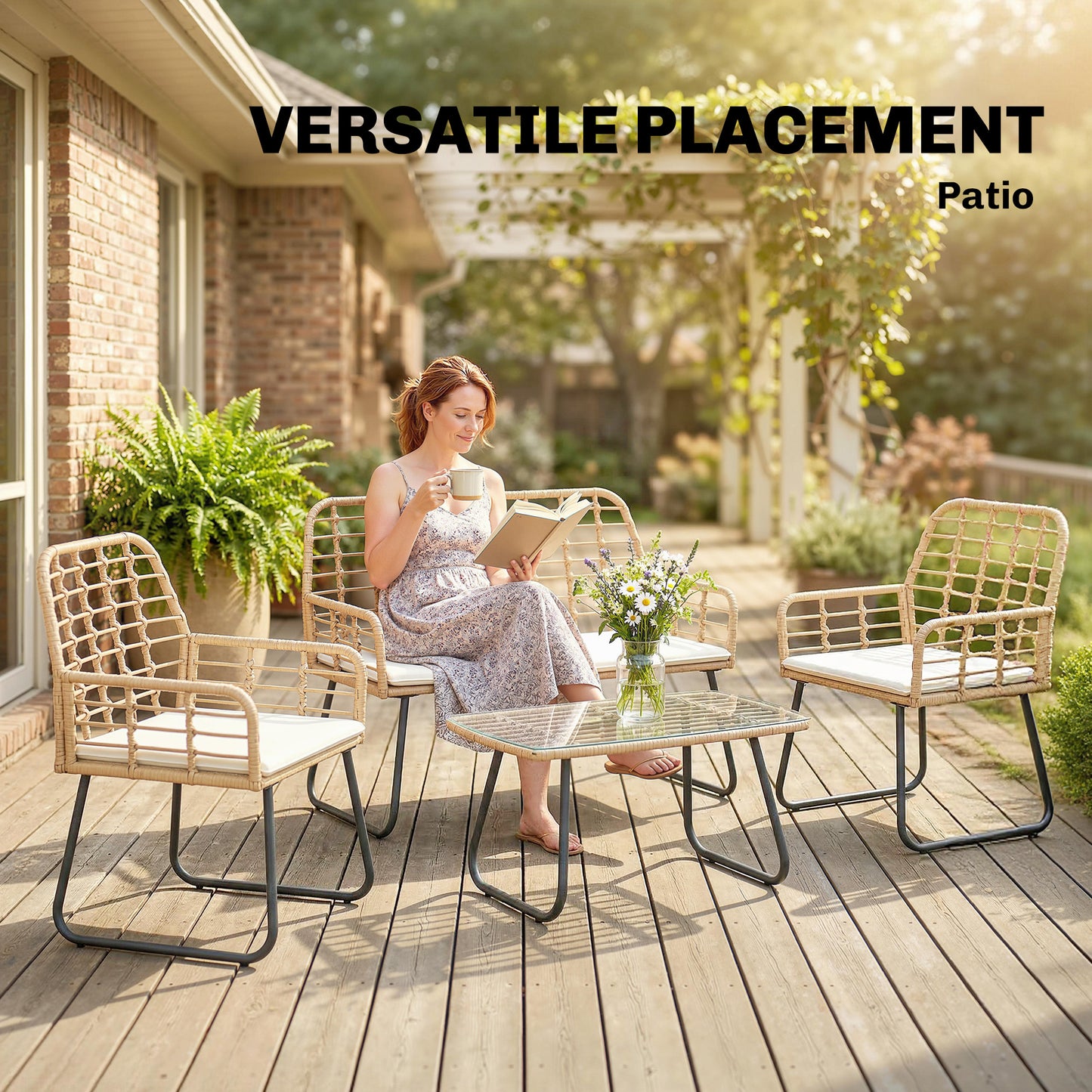 4 Piece Rattan Garden Furniture Set | Loveseat | 2 Armchairs | Coffee Table | Tempered Glass Top | PE Rattan & Metal Frame | High-Density Cushions | Washable Covers | Natural Wood