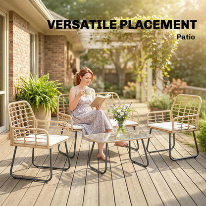 4 Piece Rattan Garden Furniture Set | Loveseat | 2 Armchairs | Coffee Table | Tempered Glass Top | PE Rattan & Metal Frame | High-Density Cushions | Washable Covers | Natural Wood