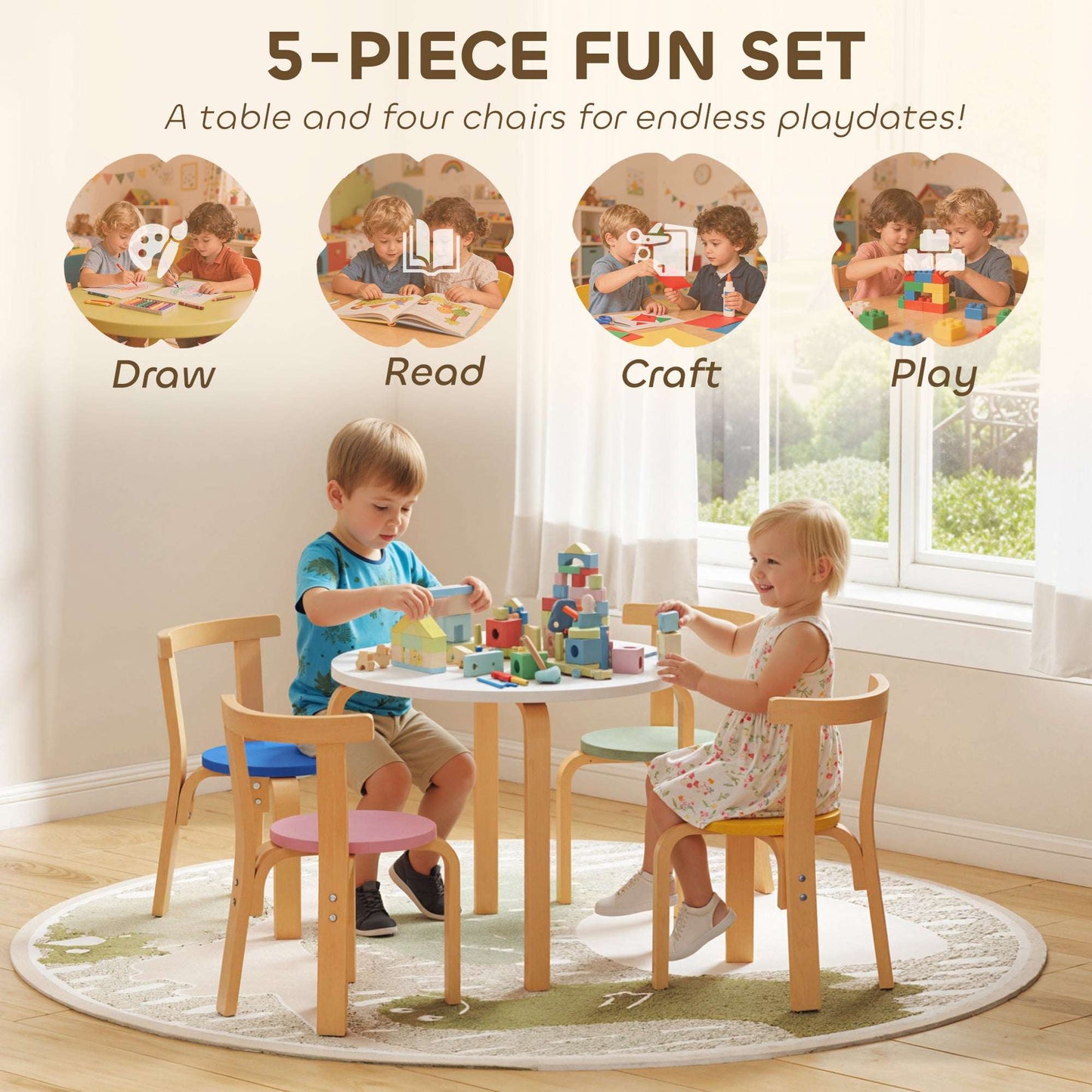 5-Piece Kids Table & 4 Chairs Set | Solid Poplar Wood | Rounded Edges | Easy-Clean Surface | EN71 Safety Certified | Ages 3-8 | 60x60x50cm Table | Multicolour