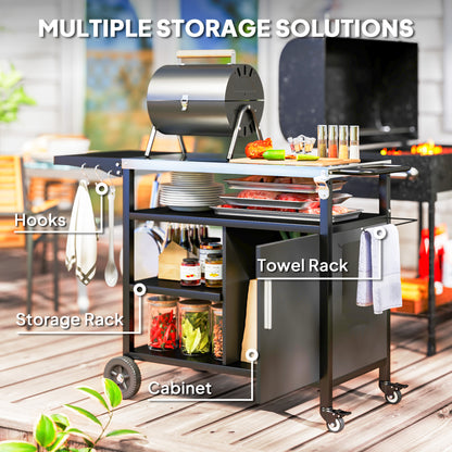 Outdoor BBQ Trolley with Foldable Side Table, Stainless Steel Top, Movable Outdoor Kitchen with Wheels Hooks Shelves Cabinet, Pizza Oven Table