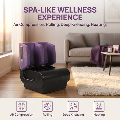 2-in-1 Foot & Calf Massager Ottoman | Heat | 360° Air Compression | 3 Modes & Intensities | Washable Sleeves | Purple & Black