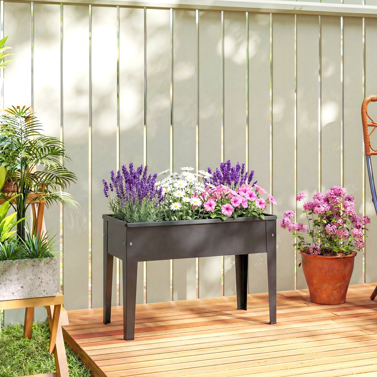 Raised Metal Planter on Legs | 20L Capacity | Drainage Hole | Polished Edges | Rubber Foot Covers | Balcony & Patio | 60x27x45cm | Black