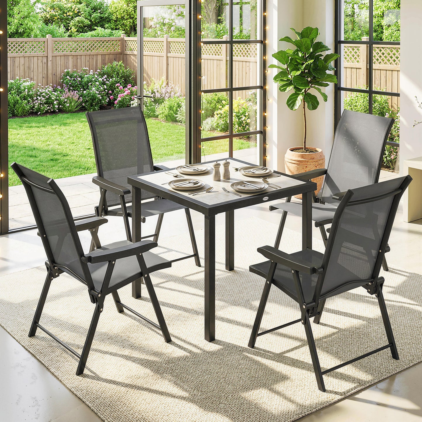 5-Piece Garden Dining Set for 4 | Folding Chairs | Faux Wood Table | Breathable Mesh | Grey
