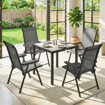 5-Piece Garden Dining Set for 4 | Folding Chairs | Faux Wood Table | Breathable Mesh | Grey