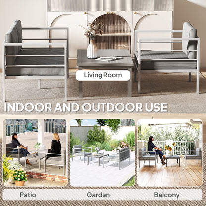 4-Piece Aluminium Garden Sofa Set | Thick Cushions | Loveseat, 2 Armchairs & Table | Charcoal Grey