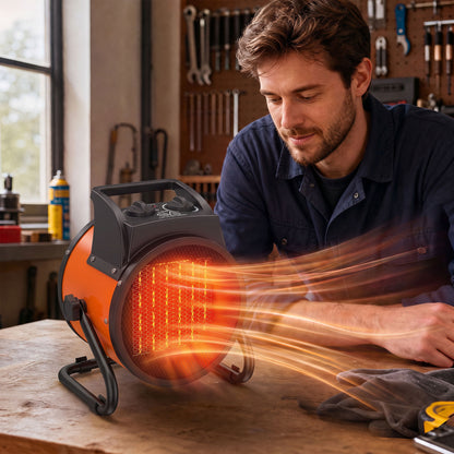 2800W Industrial PTC Ceramic Fan Heater | 3 Modes Fan 1400W 2800W | Manual Tilt | Stepless Thermostat | Thermal Cutout | IP20 | 28m² | Fume-Free | Carry Handle | 26.5x21x29cm | Orange & Black