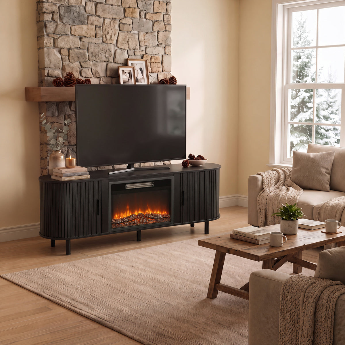 Electric Fireplace TV Stand | TVs up to 70 Inch | 150cm Black Fluted Storage Unit | 900W/1800W, 12 Flame Colours & Remote