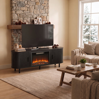 Electric Fireplace TV Stand | TVs up to 70 Inch | 150cm Black Fluted Storage Unit | 900W/1800W, 12 Flame Colours & Remote