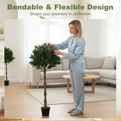 Set of 2 Artificial Bay Laurel Topiary Trees | 741 PE Leaves | Twisted Trunk | Bendable Branches | UV-Resistant | Weighted Cement Pots | Indoor & Outdoor | 16 x 120cm | Green