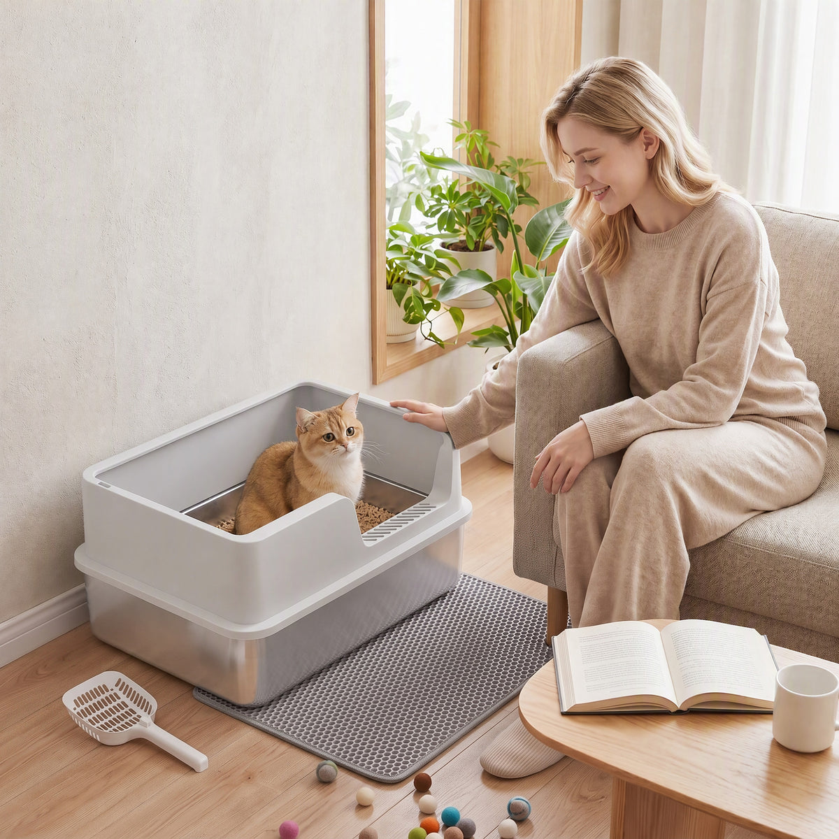 XL Cat Litter Tray | 201 Stainless Steel Pan | Semi-Enclosed PP Lid | High Sides & Sealed Seams | 30L | Cats up to 8kg | 60x40cm Litter Mat | Scoop Brush & Hook | 60x40x30cm | Inner 56x36x15cm | Light Grey