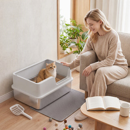 XL Cat Litter Tray | 201 Stainless Steel Pan | Semi-Enclosed PP Lid | High Sides & Sealed Seams | 30L | Cats up to 8kg | 60x40cm Litter Mat | Scoop Brush & Hook | 60x40x30cm | Inner 56x36x15cm | Light Grey