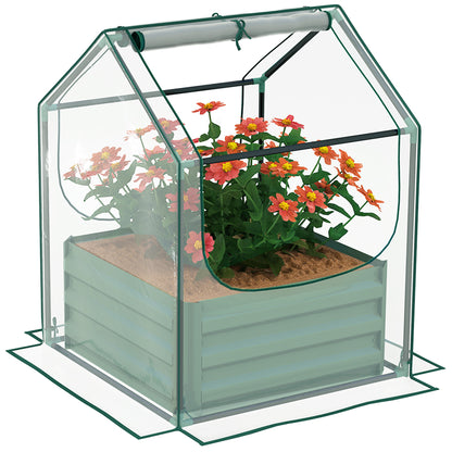 2-in-1 Raised Garden Bed with Mini Greenhouse Cover | Galvanised Steel Base | Open Bottom | 2 Roll-Up Windows | 10cm Soil Anchor Edge | 61x61x29.5cm Bed | 70x70x90cm Cover | Green & Clear