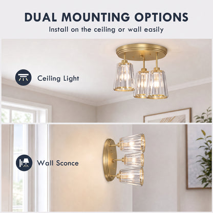 3-Light Crystal Glass Ceiling Light | Triple E27 Sockets | Clear Crystal Shades | Ø32cm | 40–120W | 220–240V | Hallway Bedroom Living Room | Bulbs Not Included | Gold Tone