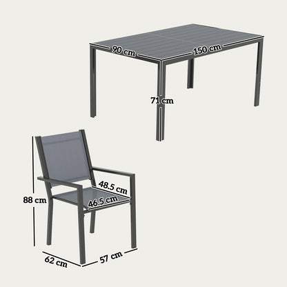 7 Piece Garden Dining Set, Outdoor Furniture Set with 6 Stackable Chairs and 150 cm Rectangle Table, WPC Slatted Top, Rust-Resistant Steel Frame