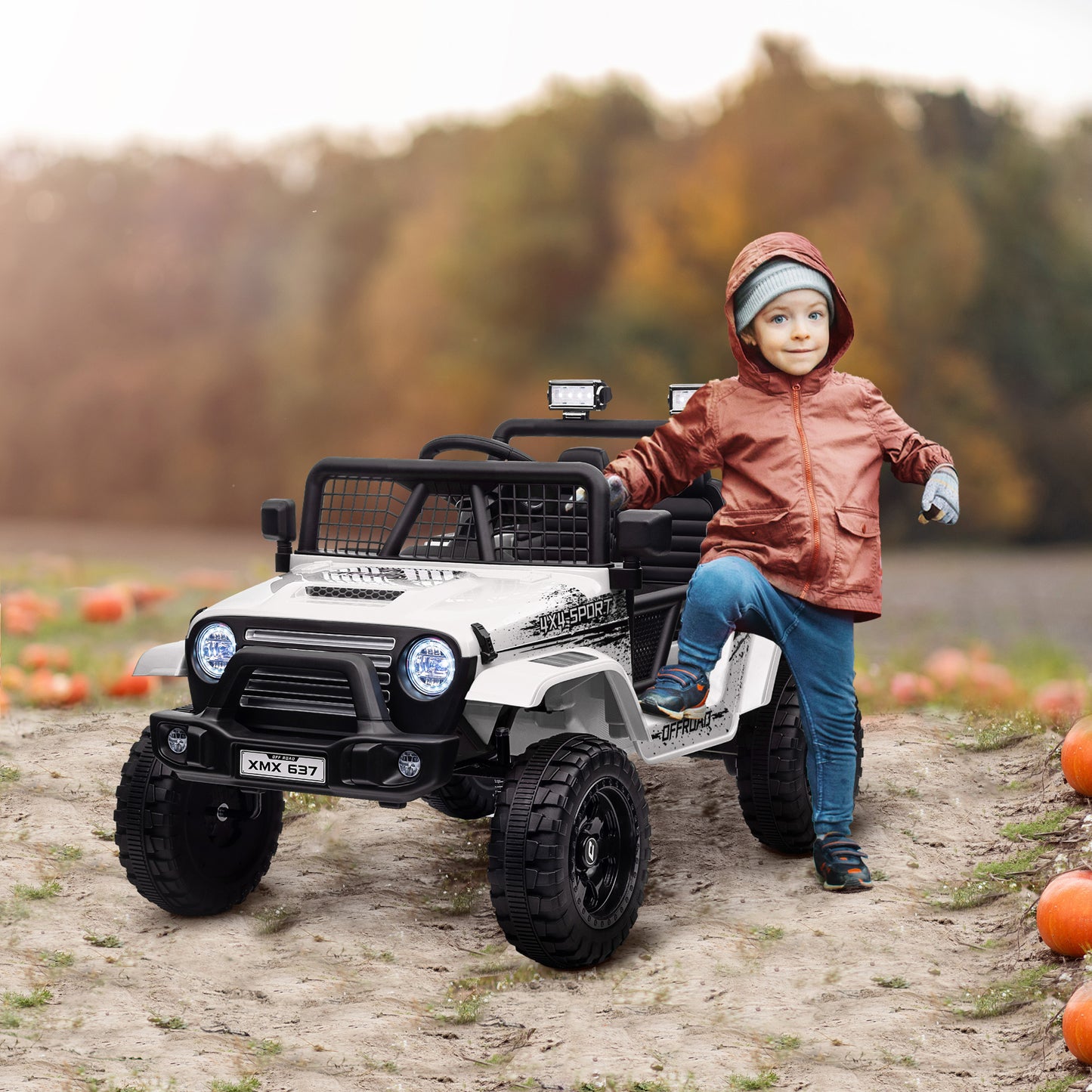 12V Battery Powered Kids Ride On Car, Electric Truck w/ Spring Suspension, Remote, Music Horn Lights - White