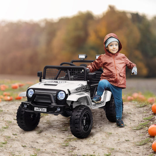 12V Battery Powered Kids Ride On Car, Electric Truck w/ Spring Suspension, Remote, Music Horn Lights - White