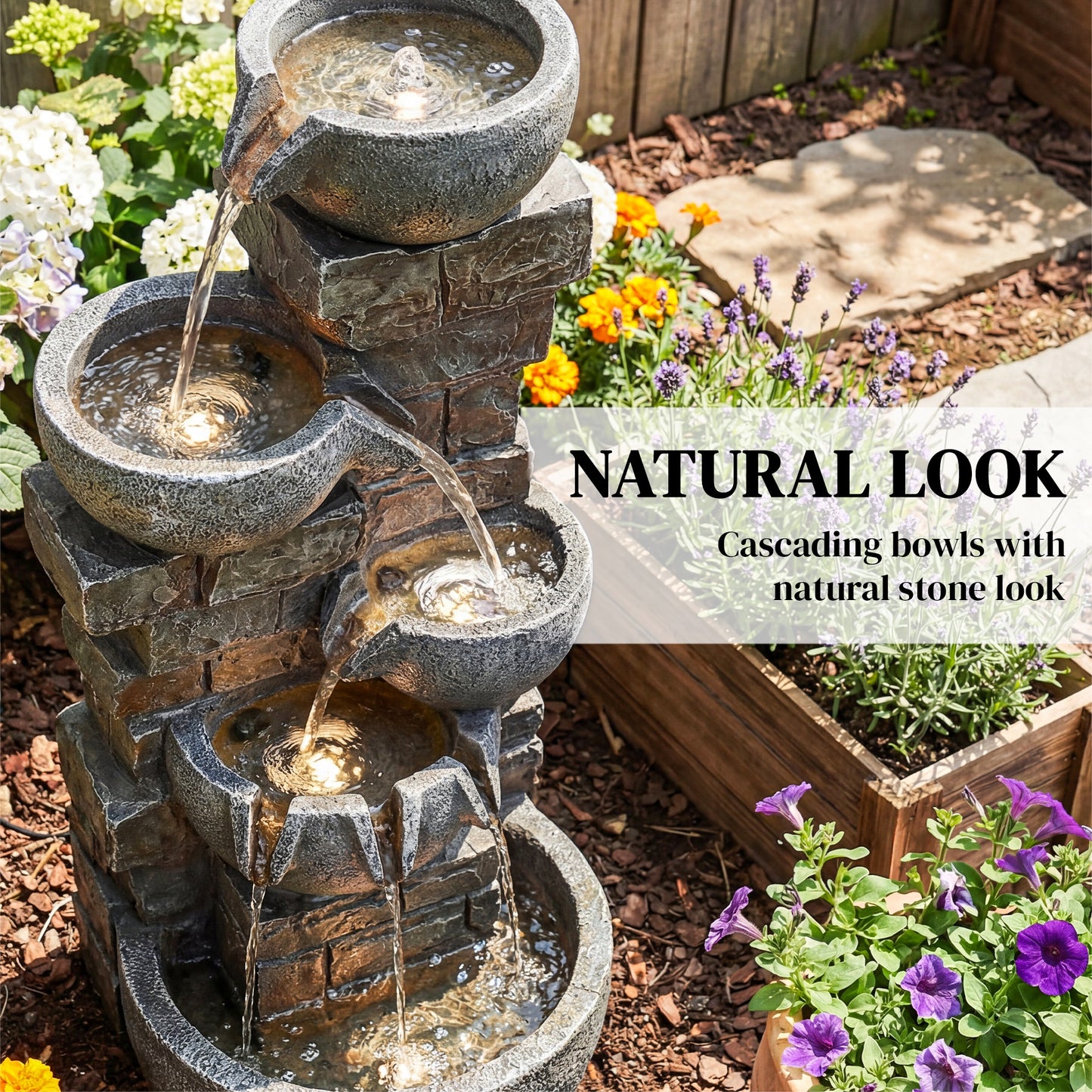 5-Tier Stacked Rock Resin Waterfall Fountain | 24 Warm LED Lights | Hand-Painted Natural Stone Finish | IP44 Adapter | 10W Pump | 230V | 3m Cable | 34x36x80cm | Garden & Patio | Mixed