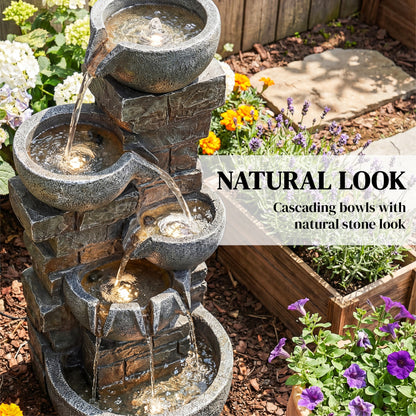 5-Tier Stacked Rock Resin Waterfall Fountain | 24 Warm LED Lights | Hand-Painted Natural Stone Finish | IP44 Adapter | 10W Pump | 230V | 3m Cable | 34x36x80cm | Garden & Patio | Mixed
