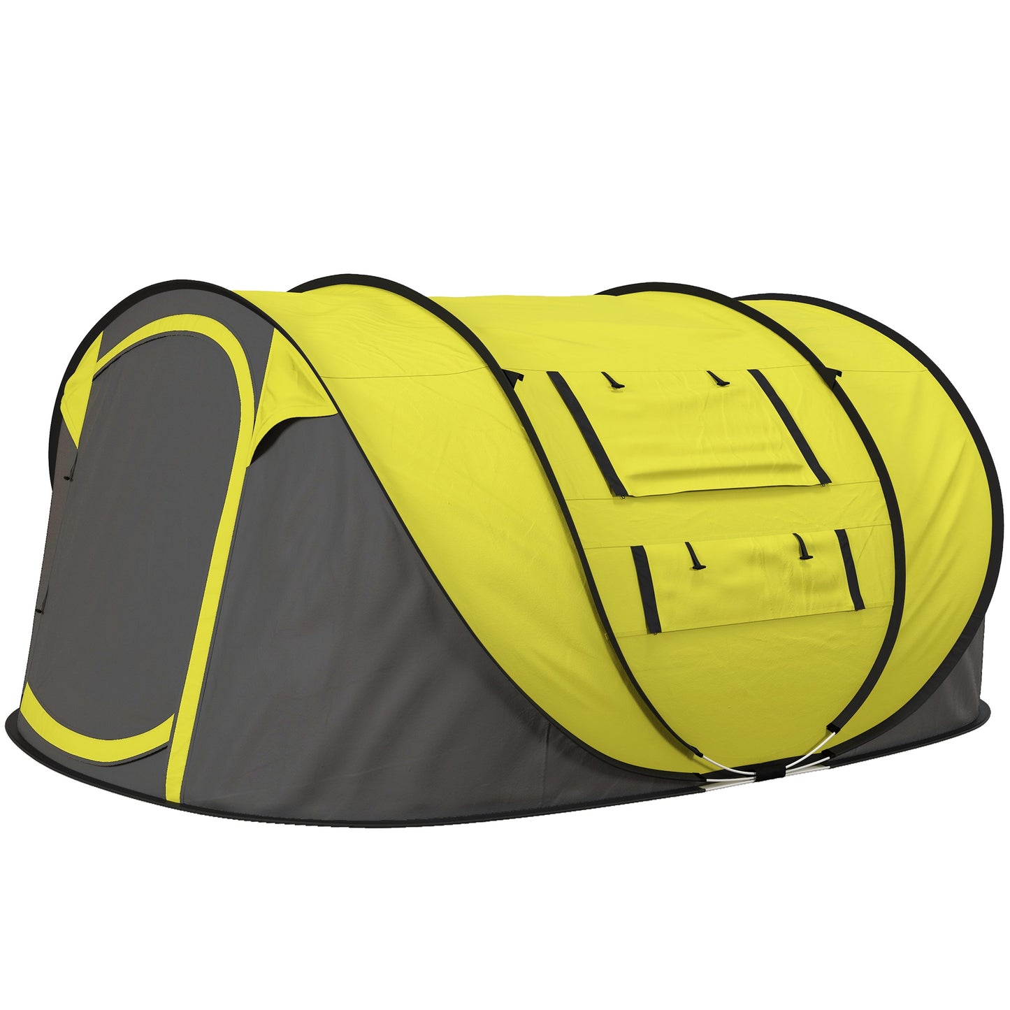 4-5 Person Pop-Up Camping Tent | Pre-Assembled Fibreglass Poles | Water-Resistant Polyester | 2 Mesh Windows & 2 Doors | Sewn-In Groundsheet | Inner Lamp Hook | 8 Ground Nails | Carry Bag | Extended 263.5x220x123cm | Folds to Φ100cm | Dark Green & Grey