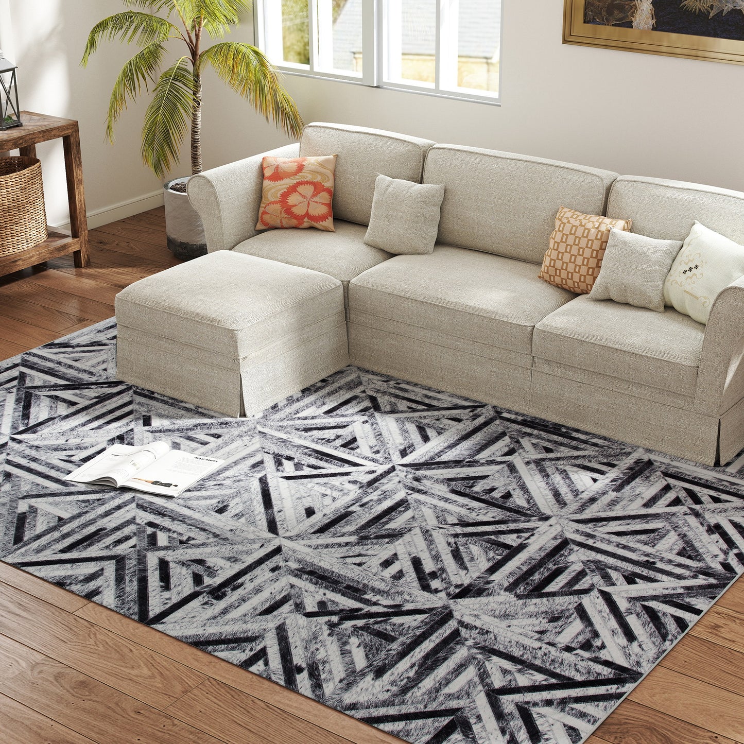 Modern Chenille Area Rug | Faux Leather Patchwork Print | Machine Washable | Non-Slip | Foldable | 290x200cm | Black | Living Room Bedroom Dining Room Home Office