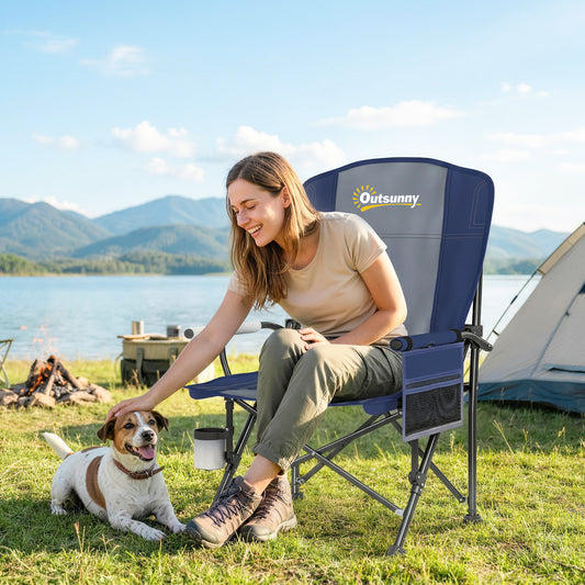 Padded Folding Camping Chair | 50cm Seat | Side Pocket | Cup Holder | Water Repellent Oxford | Carry Bag | 150kg | 59x60x94cm | Dark Blue