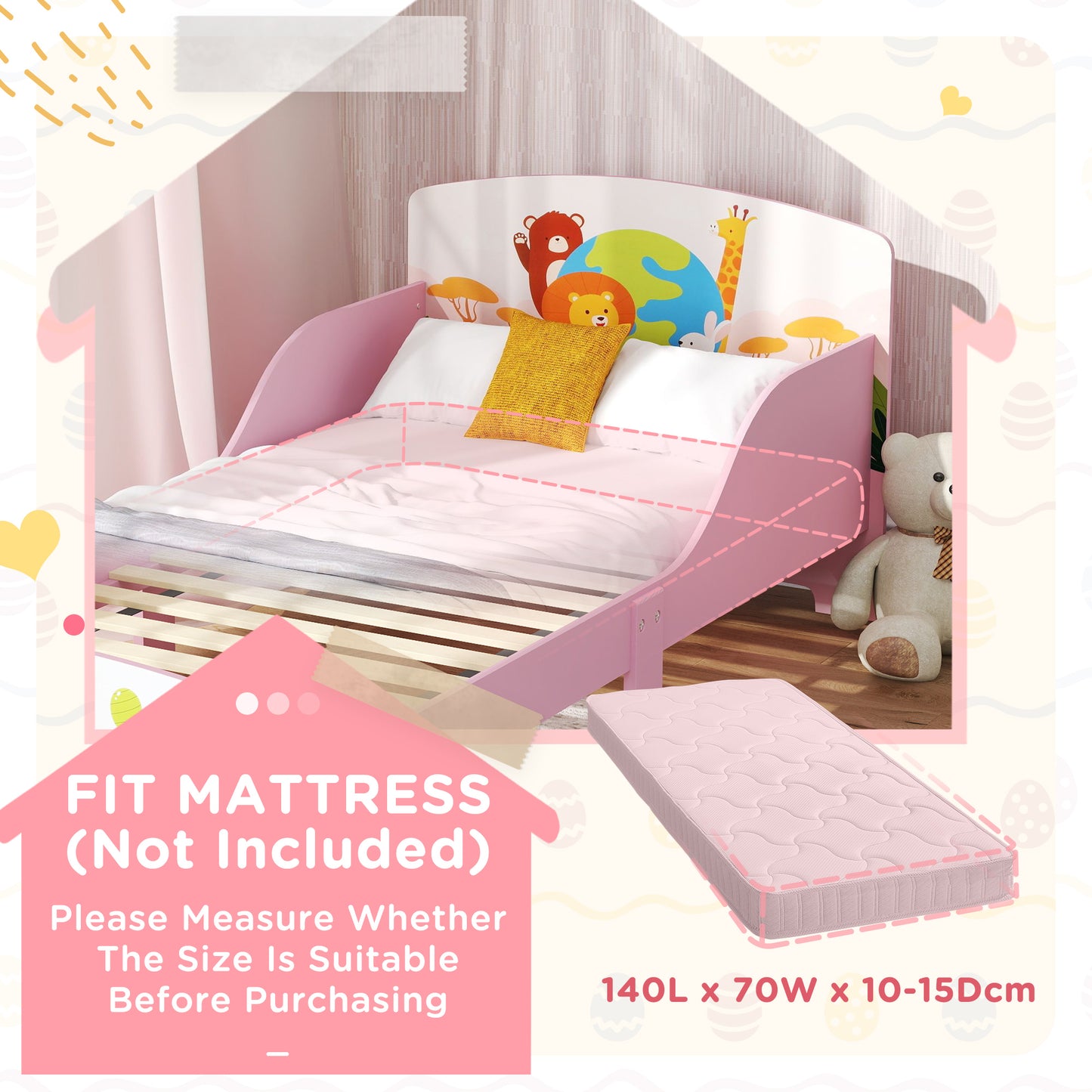 Cute Animal-Themed Toddler Bed w/ Safety Rails, 143 x 77 x 60cm