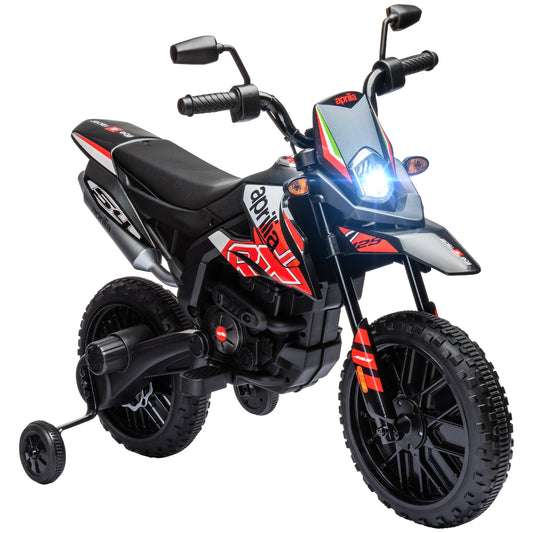 AIYAPLAY 12V Aprilia Licenced Kids Motorbike with Training Wheels, Spring Suspension, LED Light, USB, Music, Red / Yellow