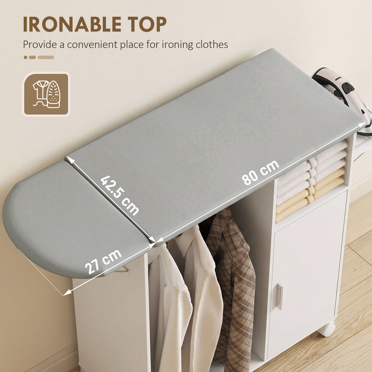 Rolling Ironing Board Cabinet | Folding Top, Clothes Rail & Adjustable Storage Shelf | Iron Holder, 4 Wheels & 2 Brakes | White/Grey