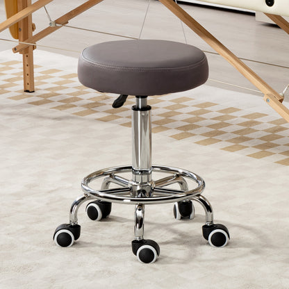 PU Leather Rolling Salon Stool | Height Adjustable 50-64cm | Dia 42cm | Thick Foam Seat | Footrest | 5 Wheels | Backless | 110kg | Grey
