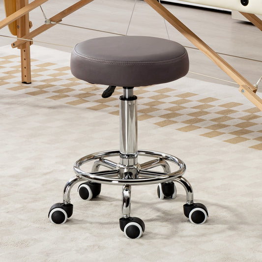 PU Leather Rolling Salon Stool | Height Adjustable 50-64cm | Dia 42cm | Thick Foam Seat | Footrest | 5 Wheels | Backless | 110kg | Grey