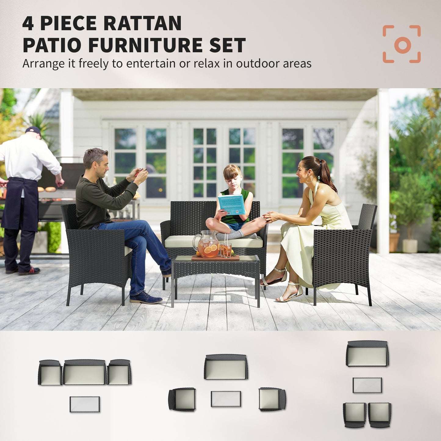 4 Piece Rattan Garden Sofa Set | Loveseat | 2 Armchairs | Tempered Glass Coffee Table | UV-Resistant PE Rattan | Powder-Coated Steel | Zipped Washable Cushions | Foot Pads | Cream