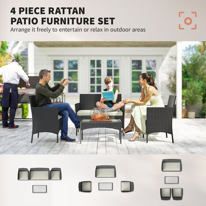 4 Piece Rattan Garden Sofa Set | Loveseat | 2 Armchairs | Tempered Glass Coffee Table | UV-Resistant PE Rattan | Powder-Coated Steel | Zipped Washable Cushions | Foot Pads | Cream
