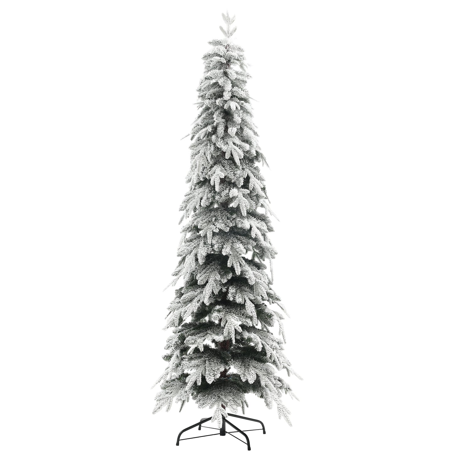7ft Pencil Artificial Christmas Tree, Snow Flocked Xmas Tree with Downswept Branches and 800 Tips, Auto Open, Steel Base, Holiday Decoration for Home Office, Green