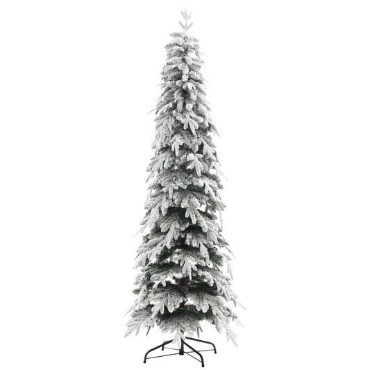 7ft Pencil Artificial Christmas Tree, Snow Flocked Xmas Tree with Downswept Branches and 800 Tips, Auto Open, Steel Base, Holiday Decoration for Home Office, Green