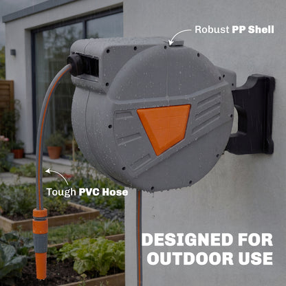 Wall Mounted Retractable Garden Hose Reel | 40+2m | Auto Retract & Self-Locking | 180° Swivel Bracket | Dual Spray Modes | 8 Bar Working Pressure | 61x26x43cm | Orange