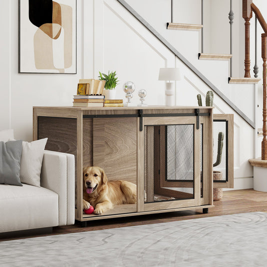 Dog Crate Furniture Side Table | Barn Door & Side Door | 3-Sided Ventilation | Extra Large Dogs up to 40kg | 118 x 75.5 x 82cm | Walnut Brown