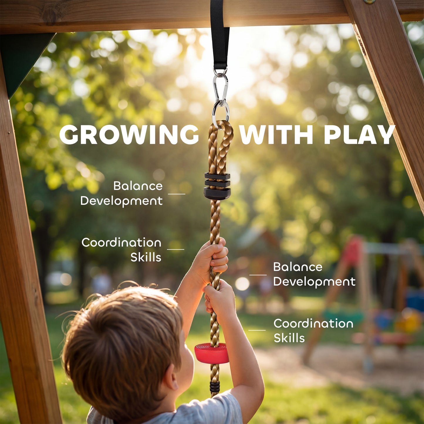 Kids Tree Climbing Rope & Disc Swing Kit – 190cm Rope, 4 Footrests, Disc Swing, Tree Strap & Carabiner, 50kg, EN71 Tested, Ages 3–8 – Red