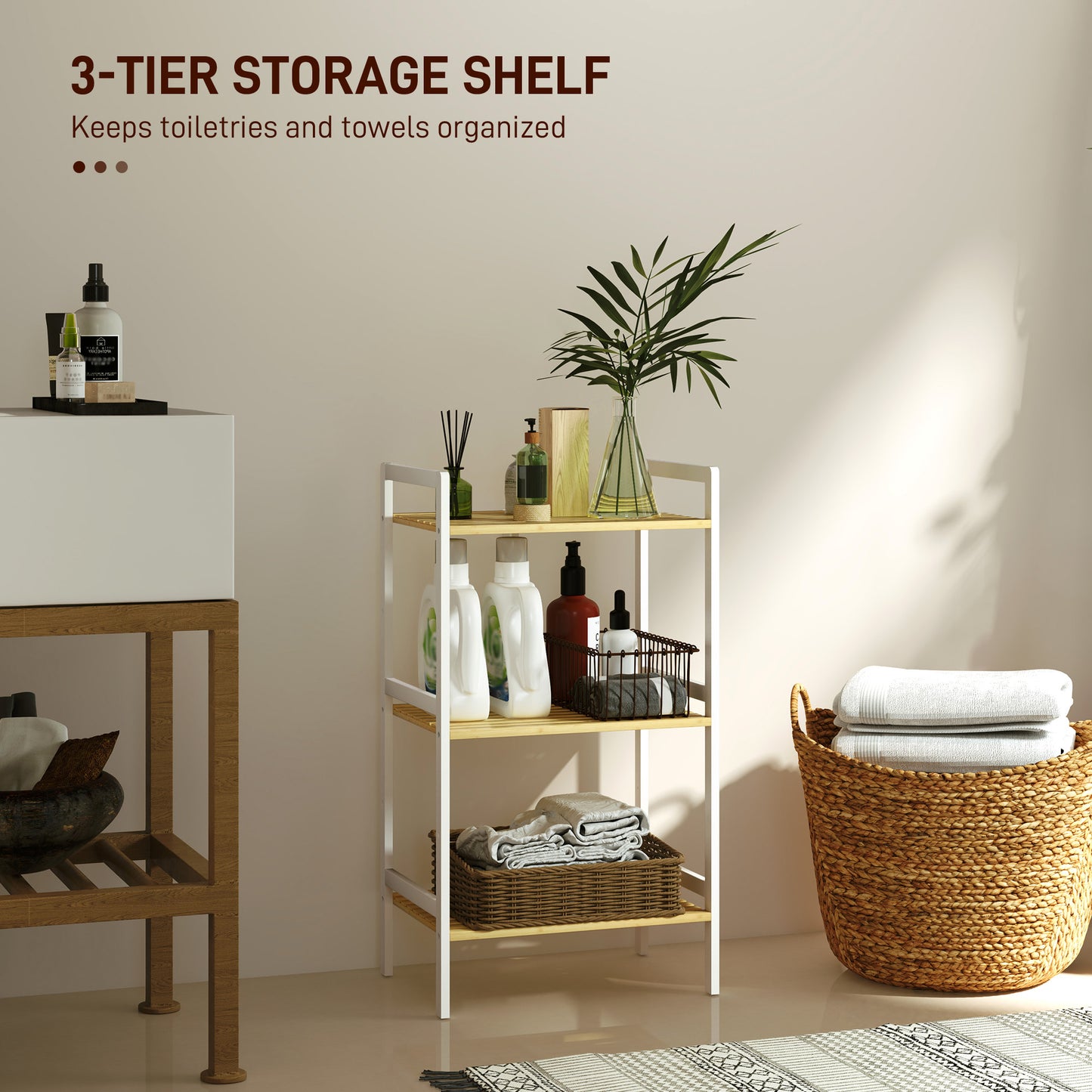 Three-Tier Bamboo Adjustable Shelf Storage Unit