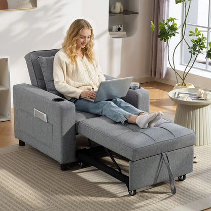 3-in-1 Single Sofa Bed | Armchair | Recliner | Sleeper | 95x190cm | 12cm Mattress | Cup Holders & Side Pockets | Pillow | 120kg | Dark Grey