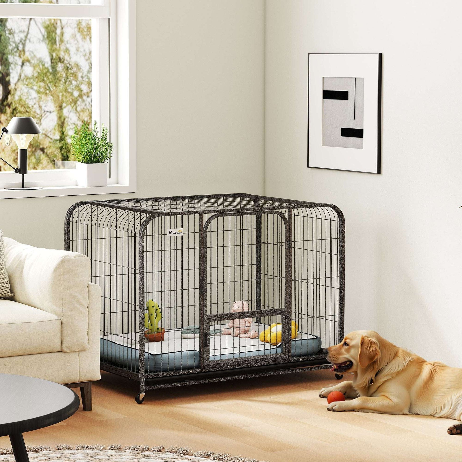 Heavy Duty Dog Crate | 116x77x88cm | 3 Doors | Slide-Out Tray | 4 Wheels | Raised Base | 30kg | Black