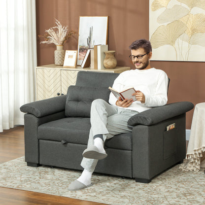 Pull Out Sofa Bed, Fabric 2 Seater Sofa Bed Settee, Convertible Sofa with 2 Pillows and Side Pockets for Living Room, Home Office, Charcoal Grey