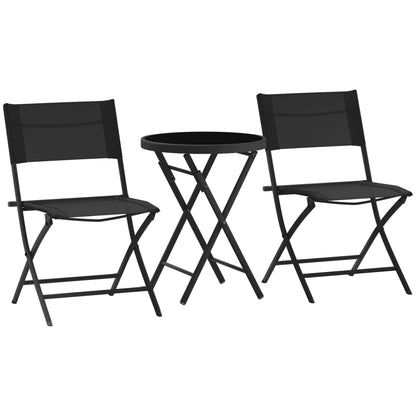 3 Piece Folding Outdoor Bistro Set | 2 Mesh Chairs | Tempered Glass Table Dia 50cm | Powder Coated Metal | No Assembly | 120kg | Black