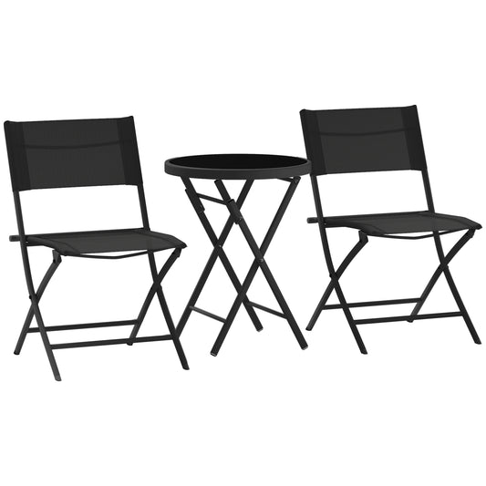 3 Piece Folding Outdoor Bistro Set | 2 Mesh Chairs | Tempered Glass Table Dia 50cm | Powder Coated Metal | No Assembly | 120kg | Black