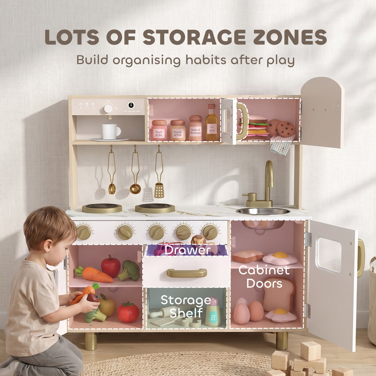 Kids Play Kitchen Playset | Rotating Coffee Maker | Stove with Ignition Sounds | Rotating Tap | Clock with Movable Hands | Shelves Cabinet & Drawer | 6-Piece Steel Set | E1 MDF | 74x29x81cm | Ages 3-6 | White